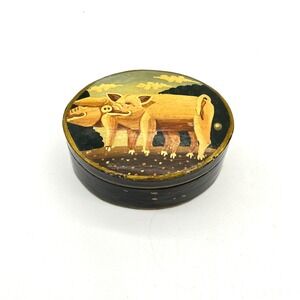 Vintage Hand Painted Pig Black Lacquer‎ Trinket Box Folk Art Dresser Box